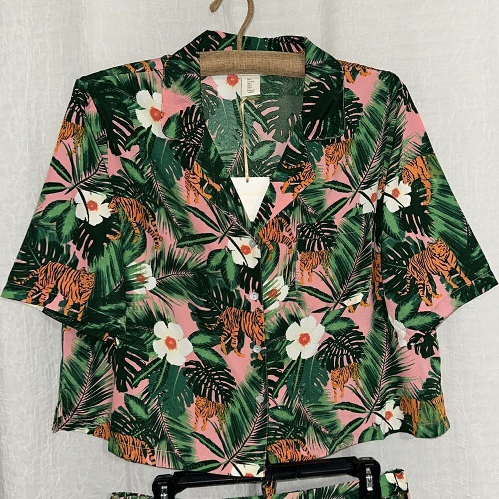 Cynthia Rowley M-L Green Orange Tropical Jungle Tiger Cropped Top & Short PJ Set - Picture 9 of 16